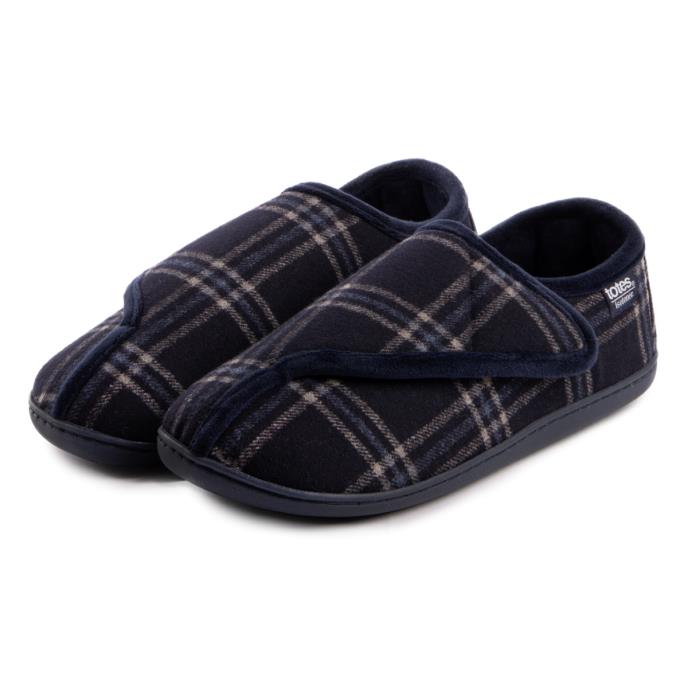Isotoner Mens Velour Closed Back Slipper With Velcro Opening Navy Check Extra Image 1